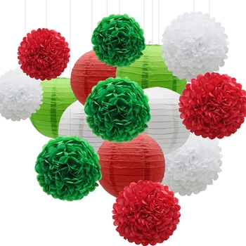 15pcs Rød Grøn Hvid Papir Blomster Pom Poms Bolde og Papir Lanterner til Bryllup, Fødselsdag, Jul Hængende Dekorative Sæt