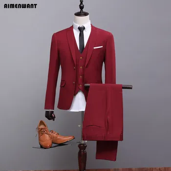 AIMENWANT Herre Vin Rød 3-Piece Suit (Jakke+Vest+Bukser) Tilpasse Brudgomme Passer Vært Blazer Høj Kvalitet Middag Passer som Gave