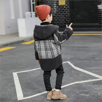 Efterår Og Vinter Uld Frakke Til Drenge Ny Mode Hooded Stribe Fortykket Grid Splejsning Børn Outwears Kids Tøj Windbreaker