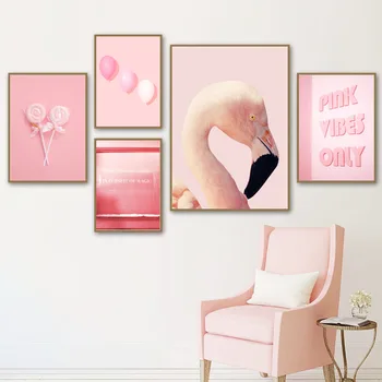 Væg Kunst, Lærred Maleri Pink Flamingo Slik Røg Citater Nordiske Plakater Og Prints Væg Billeder For Stue Pige Soveværelse