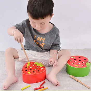 Baby 3D Træ-Puslespil Legetøj Montessori Tidlig Pædagogisk Træ Toy Fange Ormen Spil for Børn Farve Magnetisk Jordbær Apple