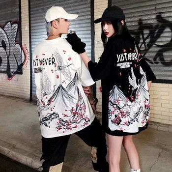2021 nye sommer nationale bølge i Kinesisk stil kran kort-langærmet kvindelige løs halv-ærmer hip-hop y2k par T-shirt streetwear