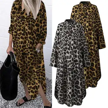 ZANZEA Foråret Stilfulde Print Sundress Kvinder Leopard Skjorte Kjole Afslappet langærmet Midi Vestidos Kvindelige Knappen Robe Plus Størrelse