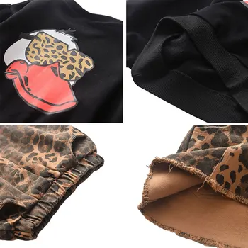 Baby Pige Top, A-Line Nederdel, Lange Ærmer Rund Hals Shirts Patchwork Side Lomme Leopard Halv-Kjole 2stk Passer til