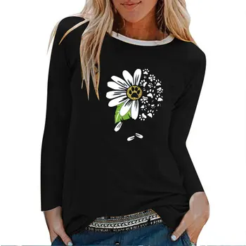 Daisy Bear Paw Print langærmet T-shirts Kvinder Efterår og Vinter Æstetisk Tøj Kawaii Graphic Tee Casual dame Toppe Ropa Mujer