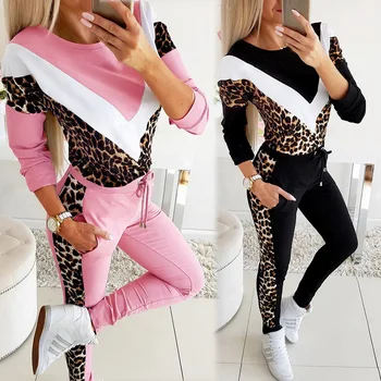 To delt sæt kvinder træningsdragt efteråret tøj leopard printet splejsning sweatshirt top og bukser jogging sæt kvindelige sport udstyr