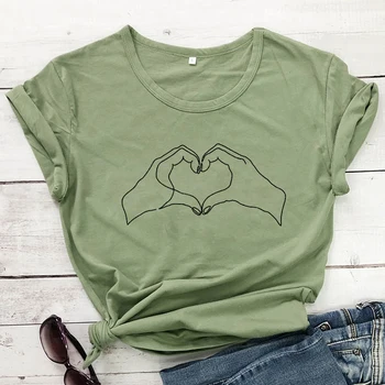 Kærlighed, Hjerte, Hænder Matchende Par T-shirt Søde Kvinder Gestus Finger Hjerte Symbol Tops Tees Minimalistisk En stregtegning Tshirt