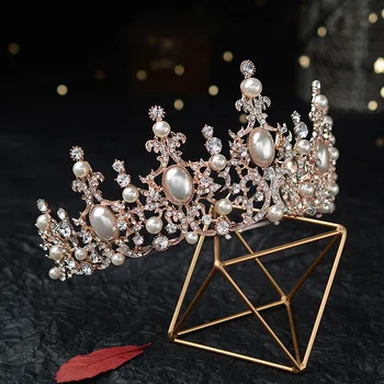Barok Luksus Sølv Forgyldt Krystal Perler Brude Tiaras Crown Rhinestone Festspil Diadem CZ Pandebånd Bryllup Hår Tilbehør