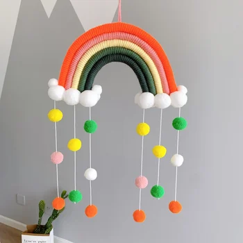 Hus Børn Værelses Håndlavet Vævet Bomuld Reb Rainbow Hængende Dekoration Væggen Hængende Indretning Med En Følt Bold Dekorationer