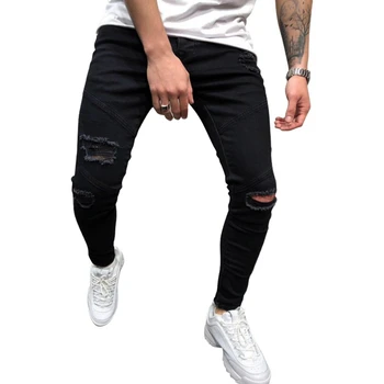 Jeans til Mænd 2020 New Høj Kvalitet Mænds Sort Dør-forreste Knap og Lynlås, har Rippet Slankende Hip Hop Denim Jeans til Mænd