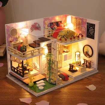 Nye DIY Dukke Hus i Træ Dukkehus Legetøj med Japansk Arkitektur Puslespil Casa Arkitektur Huse Mininatures Legetøj For Børn