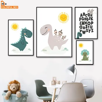Baby Solskin Dinosaur Nordisk Tegnefilm Plakater Og Prints Væg Kunst, Lærred Maleri Print Væg Billeder Til Børneværelset Dreng Soveværelse