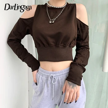 Darlingaga Streetwear Kolde Skulder Solid Beskåret Sweatshirt Mode Spænde Efteråret Pullover Hule Ud Sexede Kvinder Sweatshirts