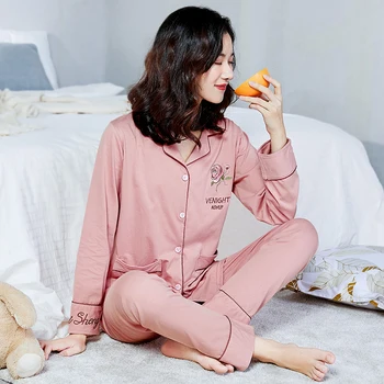 Vinteren Bomuld Pijamas Kvinder Pink Pyjamas Femme (v) inverno Efteråret Homewear Lange Ærmer-Knappen Ren Bomuld Pyjamas for Kvinder