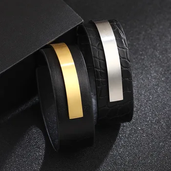 Kirykle 2020 Ny Charme Læder Armbånd til Kvinder Guld rustfrit stål U-form Femme Mode Bred Armbånd Armbånd Smykker Gave