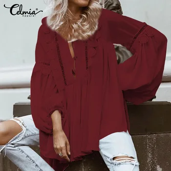 Mode Kvinders Afslappet Lace-Up Bluse 2021 Celmia Lang Lanterne Ærme Kvindelige Shirts, Tunika Toppe Sexet Hule Kontor Blusas Mujer 7