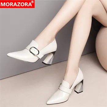 MORAZORA 2020 foråret efteråret høje hæle sko spids tå spænde kvinder pumps i ægte læder kjole sko kvinde stor størrelse 33-43