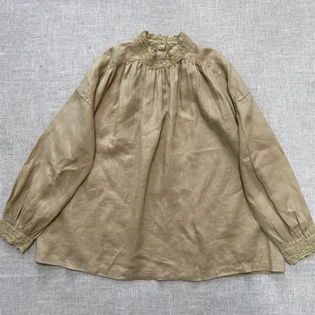 Johnature Spring Ny Japansk Linned Løs Patchwork Blonder Shirts 2021 Vintage Solid Farve Kvinder Bluser