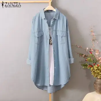 Kvinders Bluse 2021 ZANZEA Elegante Denim Blå t-Shirt med Lange Ærmer Asymmetrisk Blusas Kvindelige Revers Knappen Jean Top Oversize Tunika