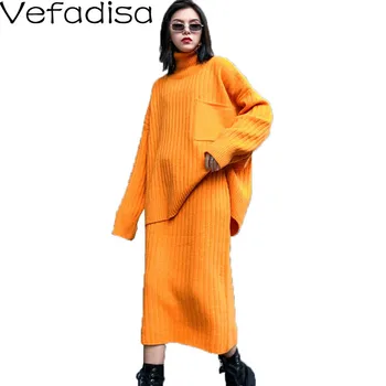 Vefadisa Plus Size Stribet To-delt Strikket Kjole Kvinder 2020 Efterår og Vinter Turtleneck Sweater + Elastisk Talje Nederdel QYF3368