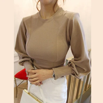 AOSSVIAO Solid Grundlæggende Lanterne Ærme Dame t-shirt Afslappet Sort / Hvid Mode Sexet Top T-Shirt Damer Mode koreanske t-Shirt