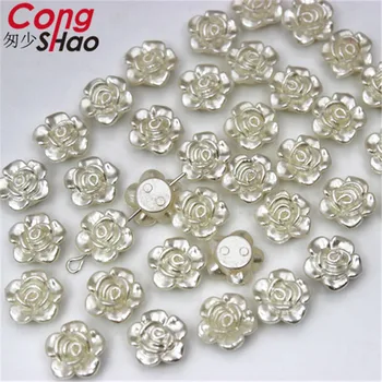 Cong Shao 200pcs 12mm flatback blomst sy 1 hul efterligning pearl perler, ABS Akryl Rhinestone DIY Bryllup Kjole-Knappen CS691