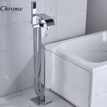 Badeværelse Chrome-Gulvtæppe Monteret Badekar Bruser Faucet Drejelig Vandfald Tud Fritstående Kran Sort Badekar Brus Tryk