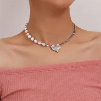 Koreansk Stil Barok Perle Choker Halskæde Crystal Lover Hjerte Vedhæng Krave Halskæde Gotiske Minimalistisk Kravebenet Kæde Smykker