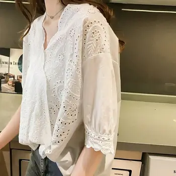 Kvinder T-shirt Nye Sexet Hæklede Gennembrudt Blonder Shirt Kvindelige Løs Dække Mave V-hals Skjorte Top Hvid Farve Skjorte