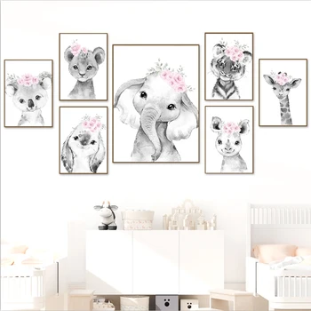Koala Kanin, Tiger, Løve, Giraf Pink Blomst Væg Kunst, Lærred Maleri Nordiske Plakater Og Prints Væg Billeder For Kids Room Decor