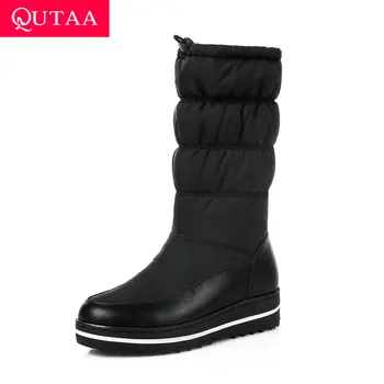 QUTAA 2020 Sne Støvler Kvindelige Vinter Varm Plus Blød Elastik Rund Tå Tyk Bund PU Læder Ned Mid Læggen Støvler Size35-43