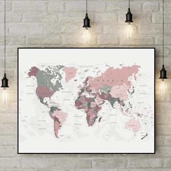Nye verdenskort Lærred Print Blush Pink & Jæger Grøn verdenskort Plakat Væg Kunst Billede, Maleri, Udsmykning Urammet