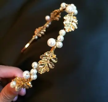 Barok luksus retro blad perle hårbånd vintage metallisk gyldne blade rhinestone perle hår smykker