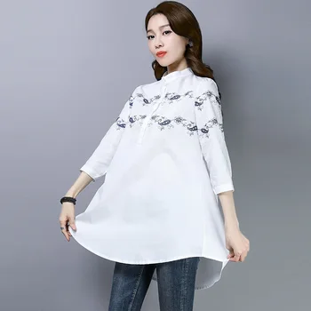 #2920 Hvid Blå Khaki Lange Shirt Til Kvinder Stå Krave Blomster Broderi Løs Plus Size Løs Afslappet Plus Size Blouse Top