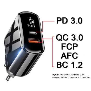 18W Hurtigt Oplade USB-Oplader til Hurtig Opladning Kabel-kvalitetskontrol (QC) 4.0 3.0 Type C PD-LED-Skærm-Telefon Oplader Til iPhone, Samsung, Huawei Xiaomi