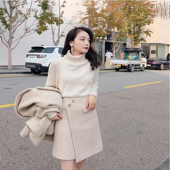 2020 Efteråret og Vinteren Uldne Frakke Kvindelige Mid-Long Nye koreanske Temperament Kvinders Populære Overtøj af Uld Frakke + Nederdel 2pcs/sæt