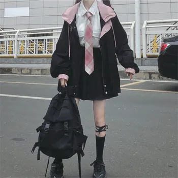 Koreanere Preppy Stil Løse Toppe Kvindelige Casual Studerende Jakke Efteråret Skole Piger Pels Streetwear Ensfarvet Pink Sort Outwear