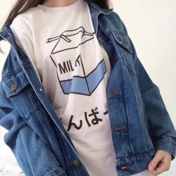 Mælk, Juice Japanses Æstetiske Grunge Søde Tegneserie T-shirt Kvinder Harajuku Kawaii Pink Sommeren Afslappet Tumblr Tøj Fashion T-shirt