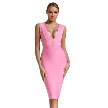 Deer Dame 2019 Bandage Dress Evening Party Dress Sommeren Kvinder Pink Bandage Dress Mini Club Skåret Ud Sexet Bodycon Kjole