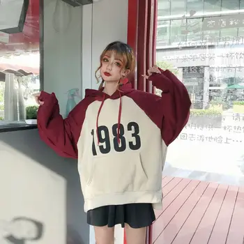 2018 efterår og vinter Kvinder Hættetrøjer Mode koreansk stil Sweatshirts Patchwork Lange Ærmer Tykkere Pullovere Casual Kvinde Tøj