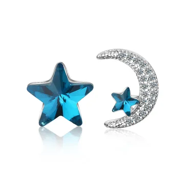 Nye Ankomst 925 Sterling Sølv Sød Asymmetrisk Blue Star Månen Zircon Crystal Øreringe Til Kvinder Fødselsdag Gave Drop Shipping
