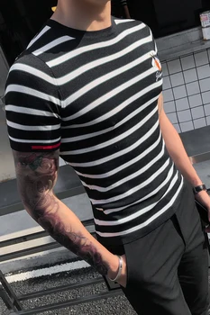 Runde Stribe Strikke-Hals T-Shirt Homme Camiseta Masculina Sommer Top Streetwear Social Club Tøj Slim Fit T-Shirt Til Mænd