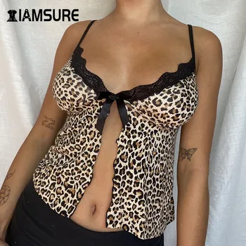 IAMSURE Blonder Patchwork y2k Mode Afgrøde Toppe Til Kvinder, Sexet Leopard Print med V-udskæring Foran Split Kvindelige Tank Top Sommeren Rave Outfits