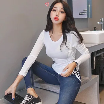 Nye Top-Sexet Hvid T-Shirt Kvinder Elasticitet T-Shirt Koreansk Stil Tee Kvinde Tøj Slim Tshirt Kvindelige Tynde Lange Ærmer Toppe