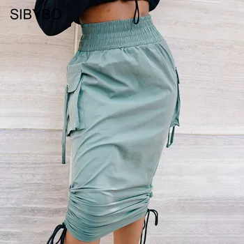 Sibybo Elastisk Talje Snøre Nederdele Kvinder 2021 Foråret Harajuku Casual Streetwear Lang Sort Nederdel Kvindelige Mode Lomme Bunde