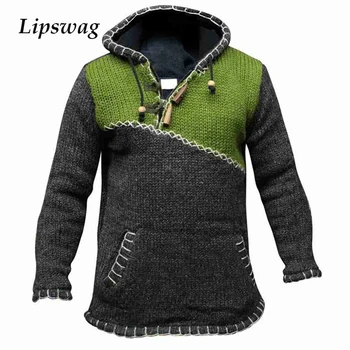 Vintage Strikket Hooded Sweater Mænd Vinter Varm Tyk Lange Ærmer Pullover Jumper Foråret Mandlige Plus Size Patchwork Hoodie Toppe