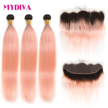 Pink Bundter Med Frontal Lukning 1B/ Pink Farvede Malaysiske Remy Human Hair Ombre Golden Pink Hår Vævninger 3 Bundter Med Fronta