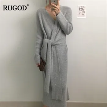 RUGOD 2019 koreanske Belted Lang Sweater Dress Kvinder Elegant Blød Strikket Kjole Kvindelige Fashion vinter overdimensionerede Tyk kjole