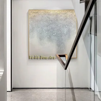 Abstract Sølv Prikker Lærred Maleri Grå Plakat håndmalet af Moderne Mur Billede til stuen Luksus Enorme Væg Kunst