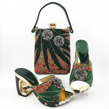 Fashionable vin, kvinder pumper med krystal-blomst dekoration stil afrikanske kjole sko passer håndtaske sæt MD013,hæl 9CM